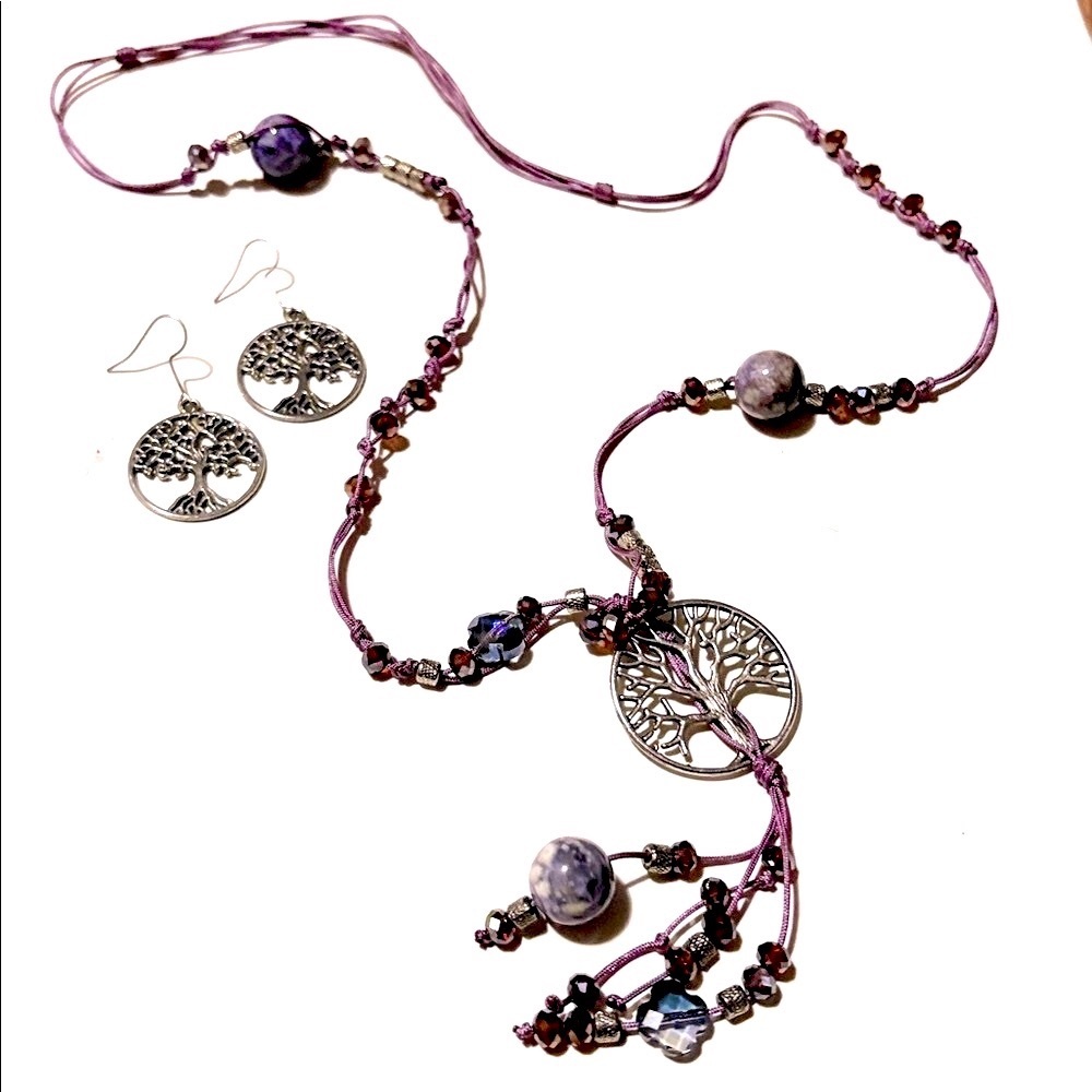 VINTAGE TREE OF LIFE AMETHYST DANGLE ADJUSTABE TIE 30-40" NECKLACE EARRING SET